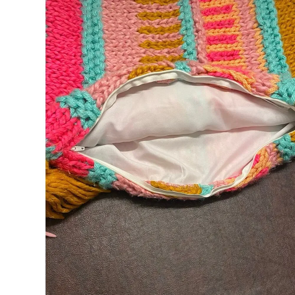 Knitted multicolored tasseled‎ throw pillow cover 19x20 Hippie Boho Eclectic Fun